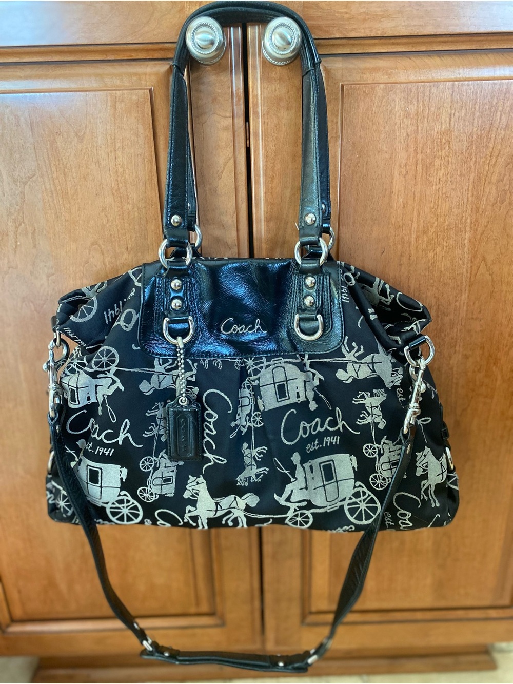 Coach Black and Cream Signature Carriage Shoulder Bag